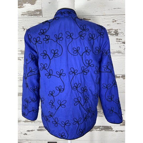 CHICO'S DESIGN 100% Silk Embroidered Jacket Mandarin Style Royal Blue Sz S EUC - Picture 3 of 5